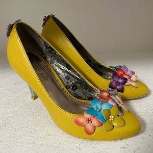 Poetic License Yellow Heels with Multicolor Floral Accents